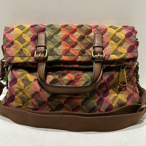 FOSSIL “Explorer” Geometric Tapestry/ Brown Leather Fold Over Tote Crossbody Bag